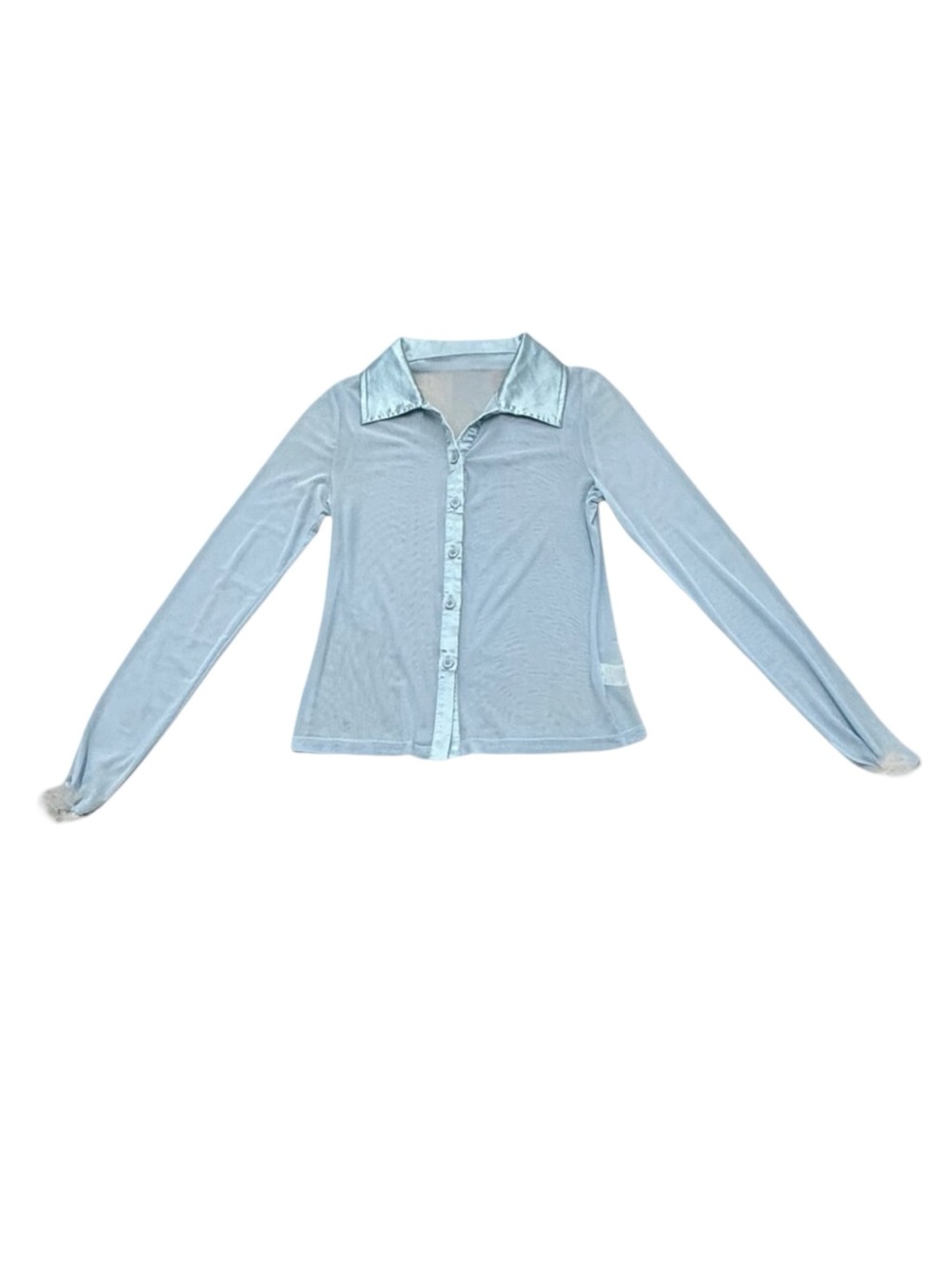 SHEIN Light Blue Sheer Button-Front Blouse with Feather Cuffs – Size M